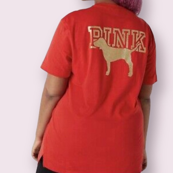 PINK Victoria's Secret Red and Gold Bling Short Sleeve Campus Tee Size Small - Picture 2 of 7